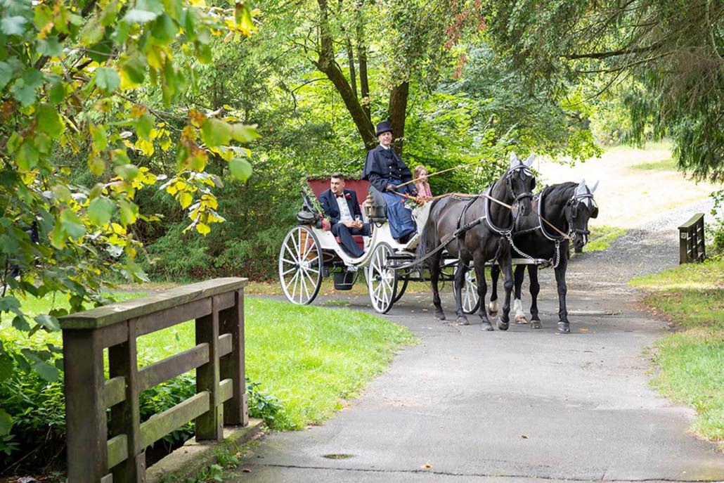 Fahren mit der Kutsche zur Hochzeit im Park