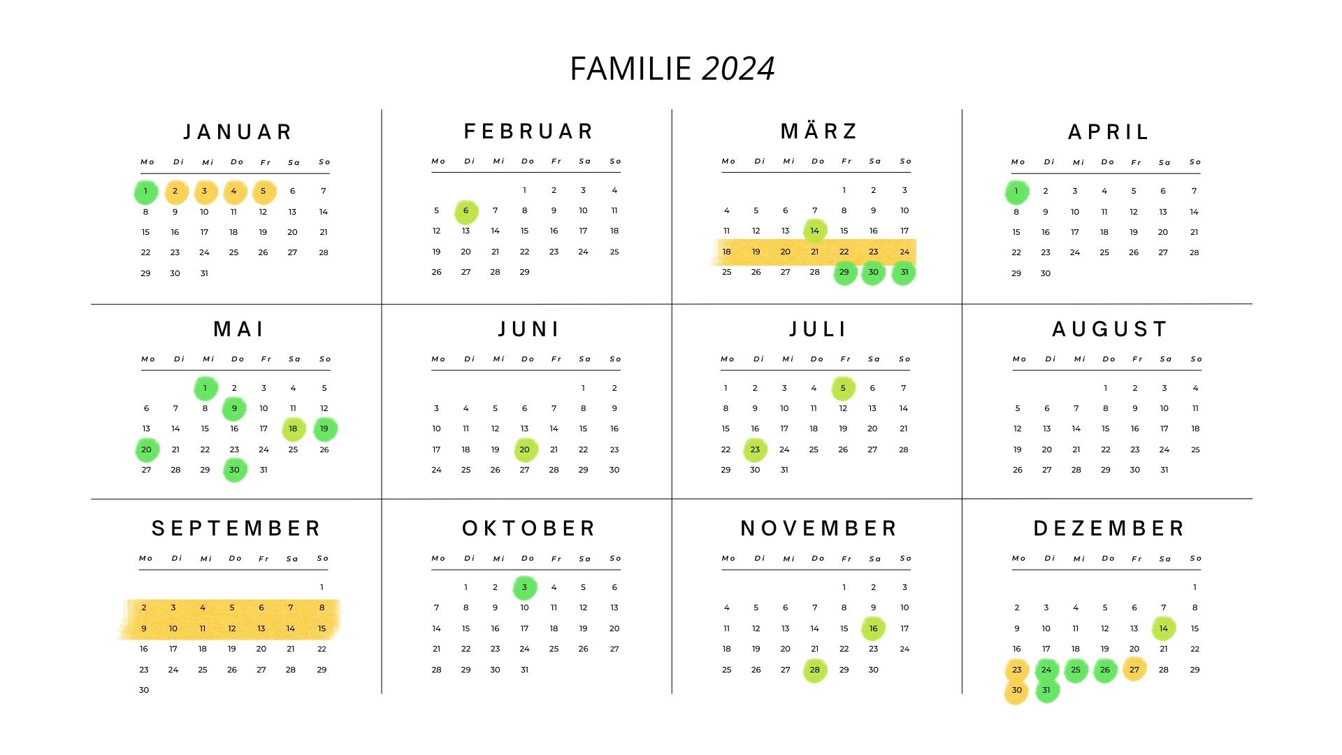 Familien-Kalender zum finden des Hochzeitstag mit markierten Geburtstagen, Feiertagen und Urlaub.